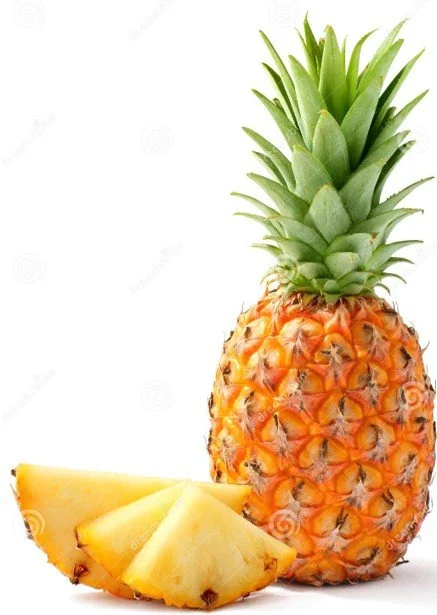 Whole pineapple with pineapple slices in front on a white background.