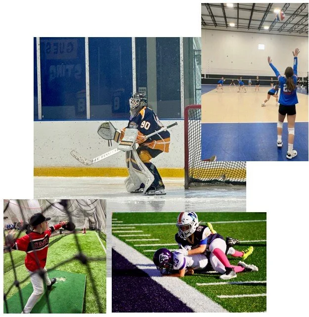 Collage of four photos showing children participating in various sports: ice hockey goalie skating on ice rink, volleyball game in gymnasium, child practicing baseball swings in indoor facility, and football players tackling on field.