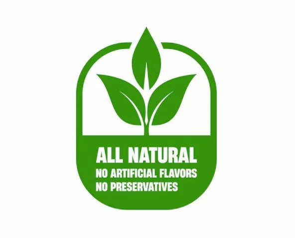 Green logo with a plant and leaf symbol, stating "All Natural, No Artificial Flavors, No Preservatives."