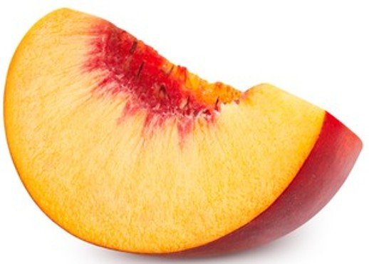 Close-up image of a sliced peach with red and yellow skin and fuzzy texture.