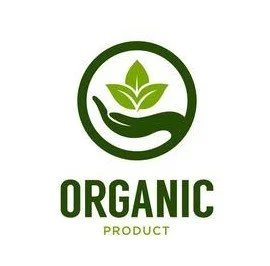 Green logo with a hand holding a plant, labeled 'Organic Product'