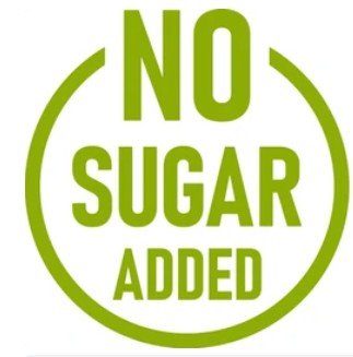 Green circular sign with bold text saying 'NO SUGAR ADDED'.