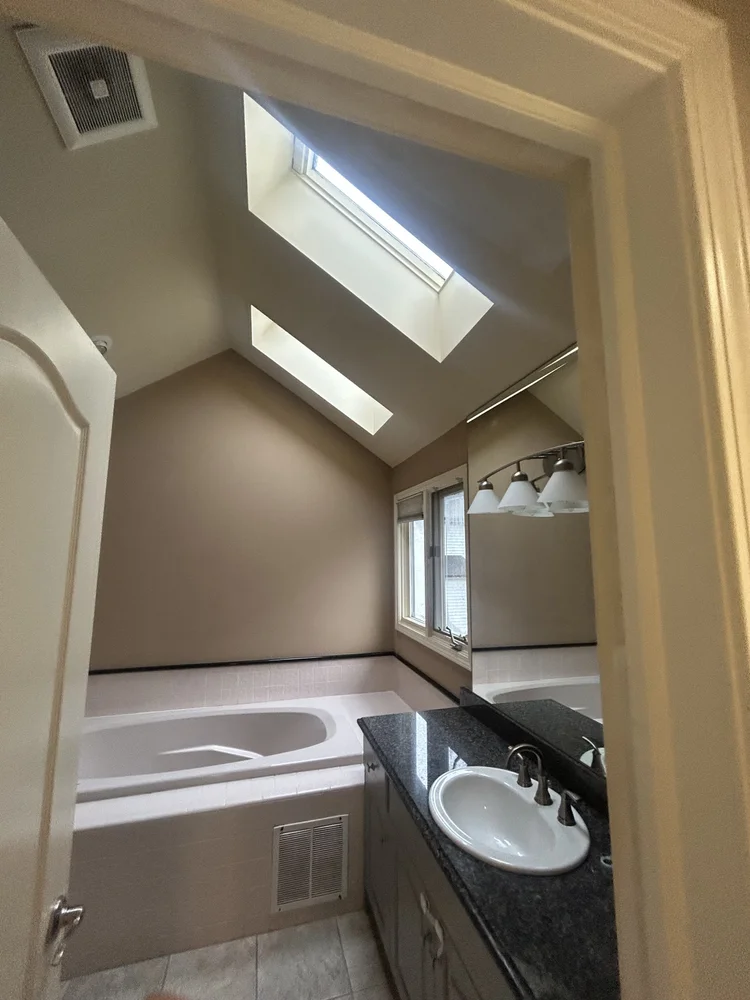 Bathroom with skylight, bathtub, window, bathroom vanity with sink, and mirror.