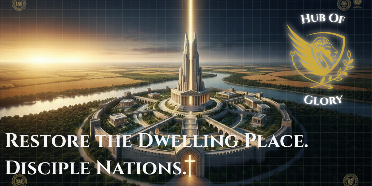 An architectural blueprint of a Kingdom Hub and fortified Goshen prototype, featuring a central light-emitting tower representing the enthroned Glory of God, with the mission: Restore the Dwelling Place. Disciple Nations.