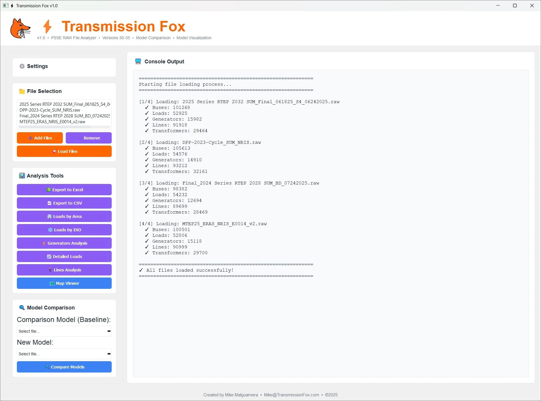 Screenshot of Transmission Fox software interface showing console output of data loading and analysis, with a sidebar for file selection and tools, and model comparison options at the bottom.