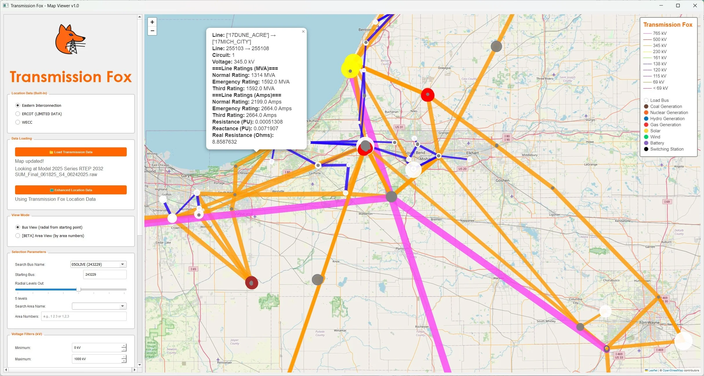 A map of the transmission network with various colored lines representing different power grid connections, including legend and data overlays.