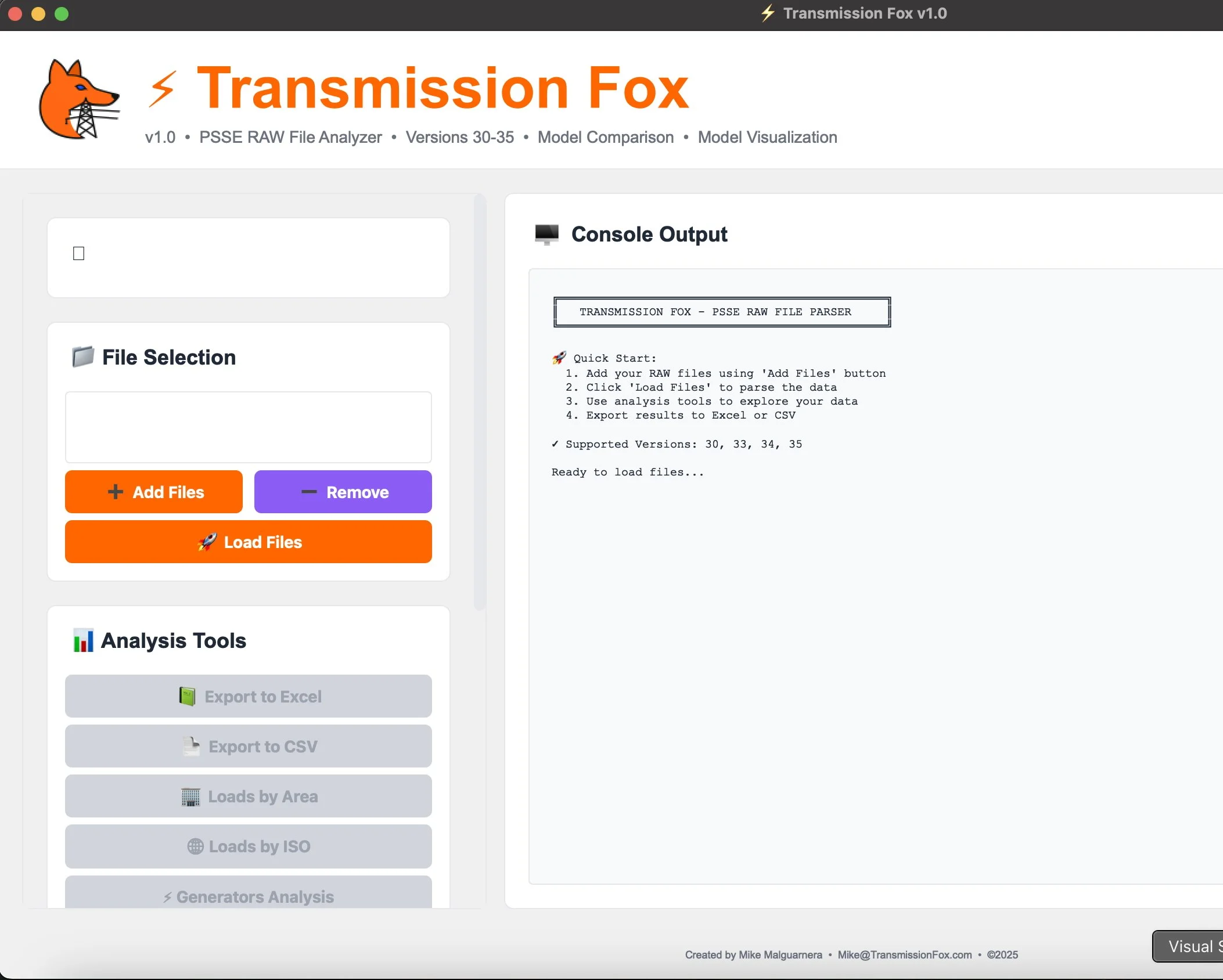 Screenshot of Transmission Fox software interface with options for file selection, analysis tools, and console output, displaying version information and quick start guide.