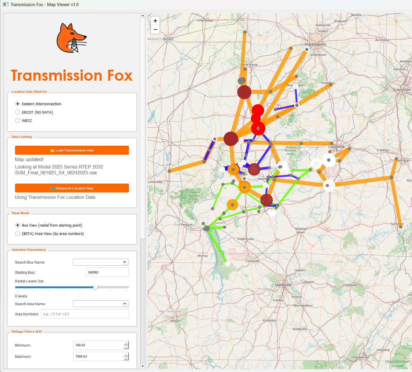 Map viewer of a transmission network in the United States showing various transmission lines, stations, and color-coded connections indicating different data or statuses, with a sidebar menu for selecting data options and view modes.
