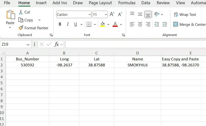 An Excel spreadsheet with column headers: Bus_Number, Long, Lat, Name, Easy Copy and Paste. The first row contains data: Bus_Number 530592, Long -98.2637, Lat 38.87588, Name SMOKYHL6, and Easy Copy and Paste 38.87588, -98.26370.