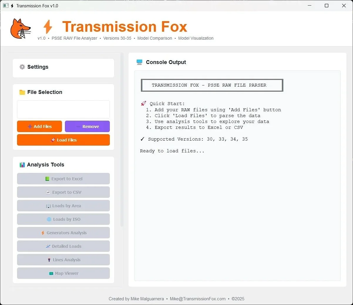 Screenshot of Transmission Fox software interface with options for file selection and analysis tools, and console output indicating readiness to load files.