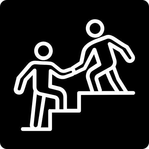 Illustration of one person helping another up stairs.
