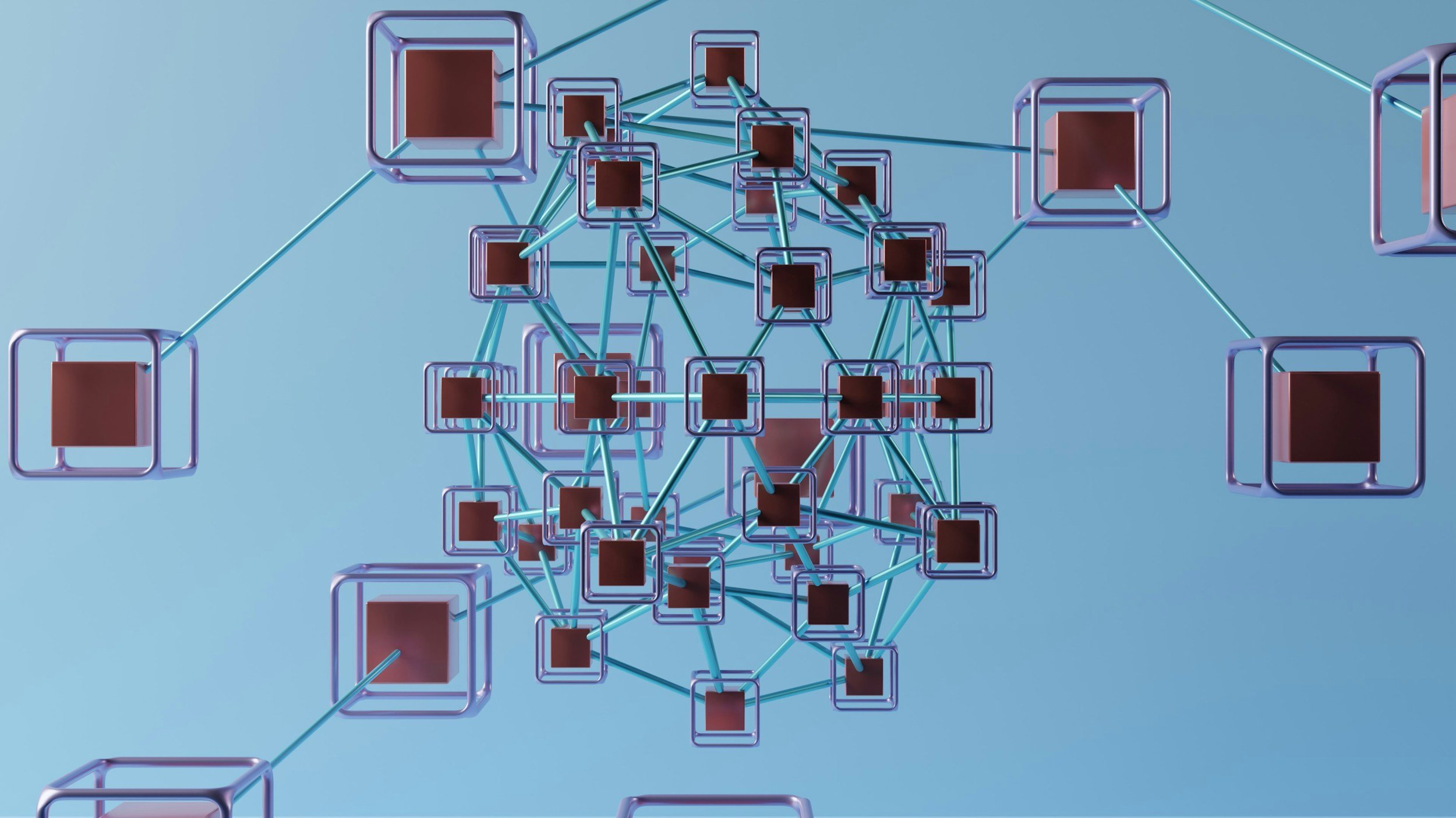 Digital illustration of a blockchain network with interconnected nodes represented by square outlines and lines connecting them, set against a light blue background.