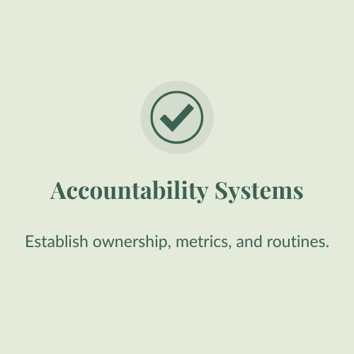 A digital graphic with a green checkmark inside a circle at the top. Below it, the text reads "Accountability Systems" in bold, followed by the smaller text "Establish ownership, metrics, and routines."