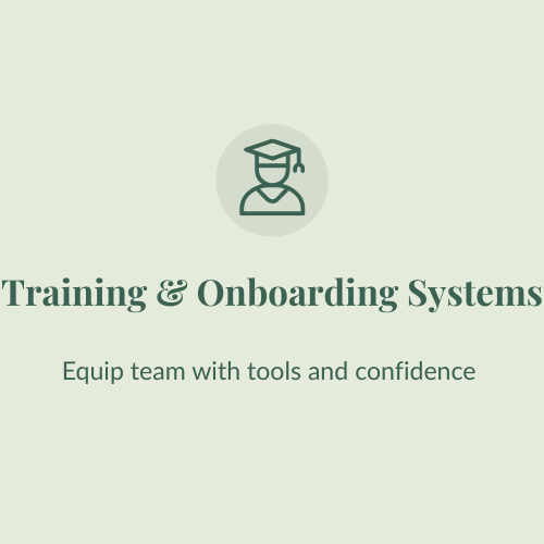 Training and onboarding systems graphic with an icon of a graduate wearing a cap and the text 'Training & Onboarding Systems' and 'Equip team with tools and confidence'.