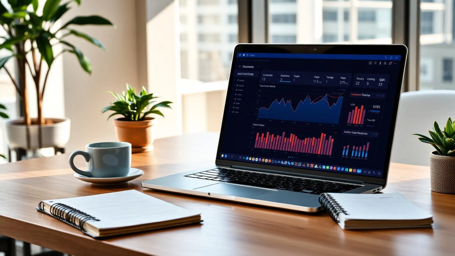 Laptop on wooden desk displaying financial graphs and charts, with notebooks, a coffee cup, and potted plants in a bright modern office with large windows.