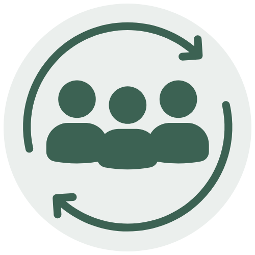 Icon of three people inside a circular arrow, representing teamwork or collaboration.