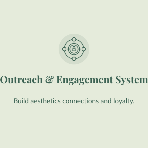 Cover page titled 'Outreach & Engagement System' with a subtitle 'Build aesthetics connections and loyalty' and a graphic of interconnected circles surrounding a lock icon.