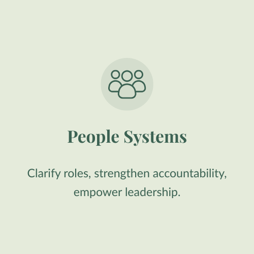 Graphic with icon of people and text about People Systems, emphasizing roles, accountability, and leadership empowerment.