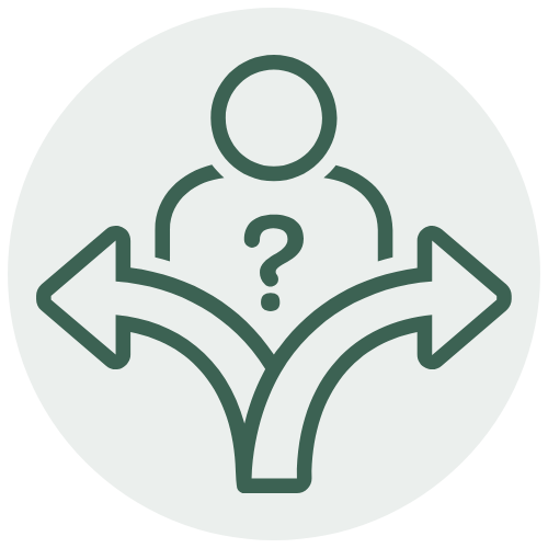 Icon of a person with a question mark and arrows pointing left and right, representing decision making or options.