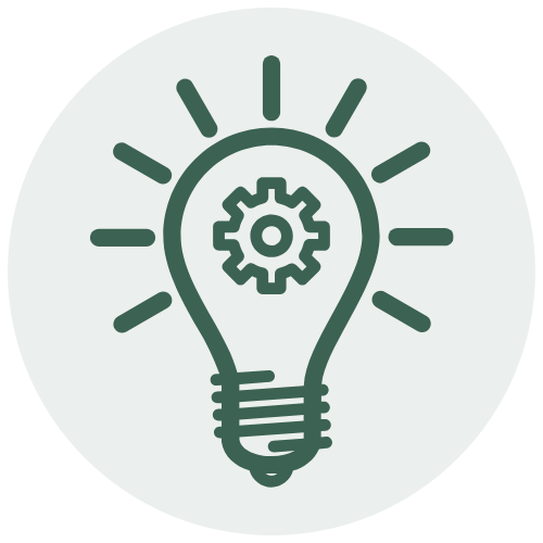 An icon of a light bulb with a gear inside, symbolizing ideas and innovation.