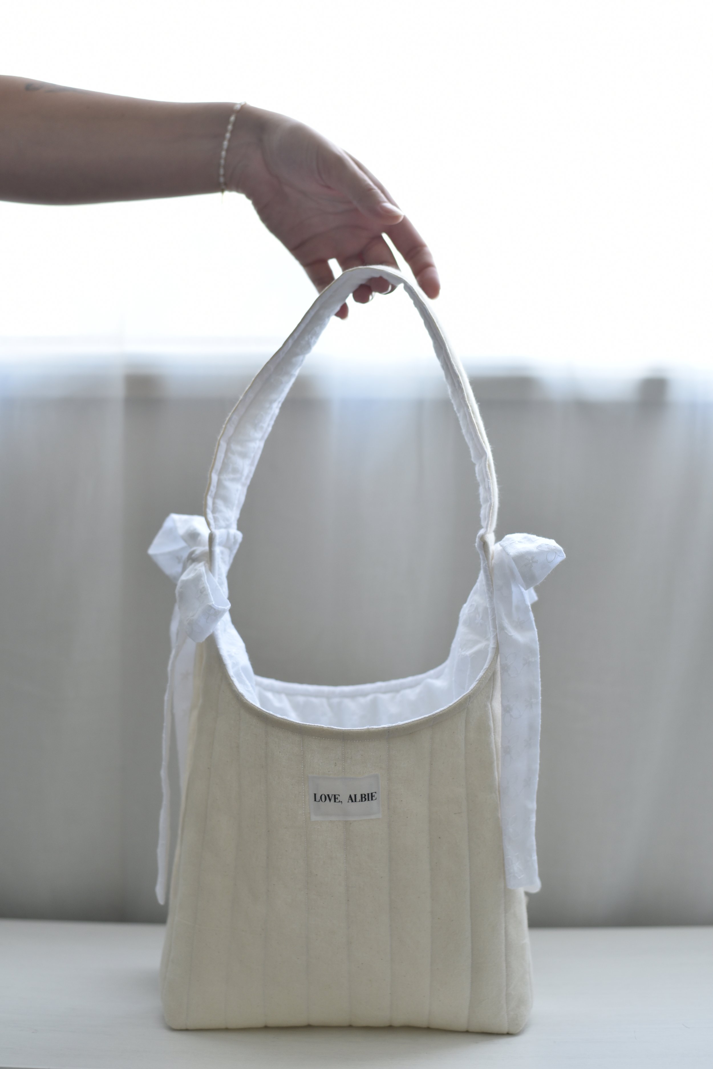 Beige and White Floral Bow Bag