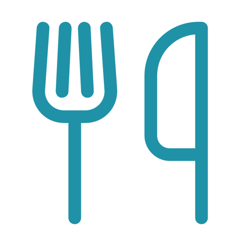 An icon of a fork and a knife side by side, representing dining or food.