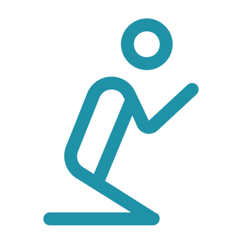 A simple line drawing of a person kneeling with a backpack, bowing or praying.