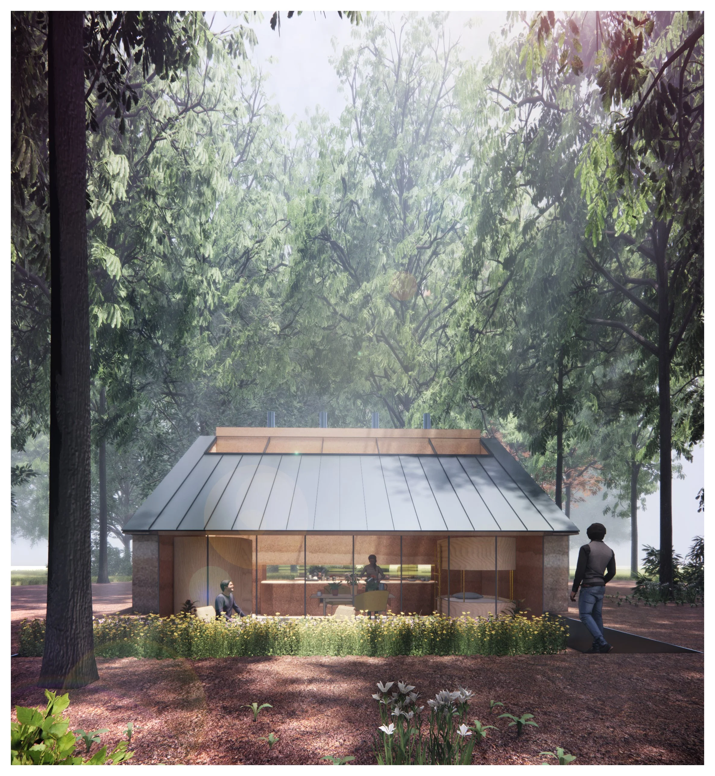 A modern house with a metal roof, surrounded by trees and flowers, with people outside engaged in conversation and activity on a sunny day.