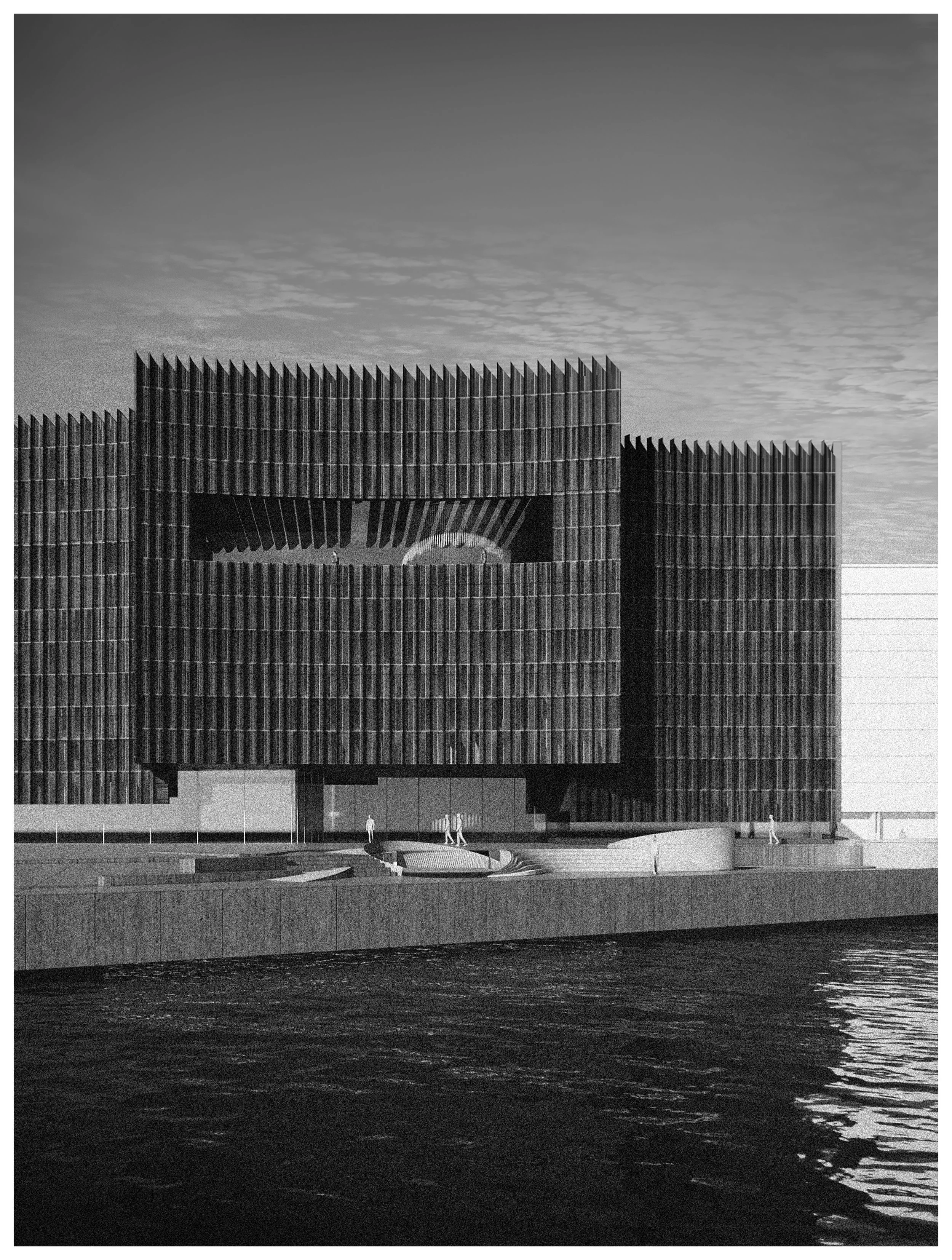 A modern, black-and-white architectural building with vertical slats, situated near a body of water with a road or walkway in front, and a few people walking.