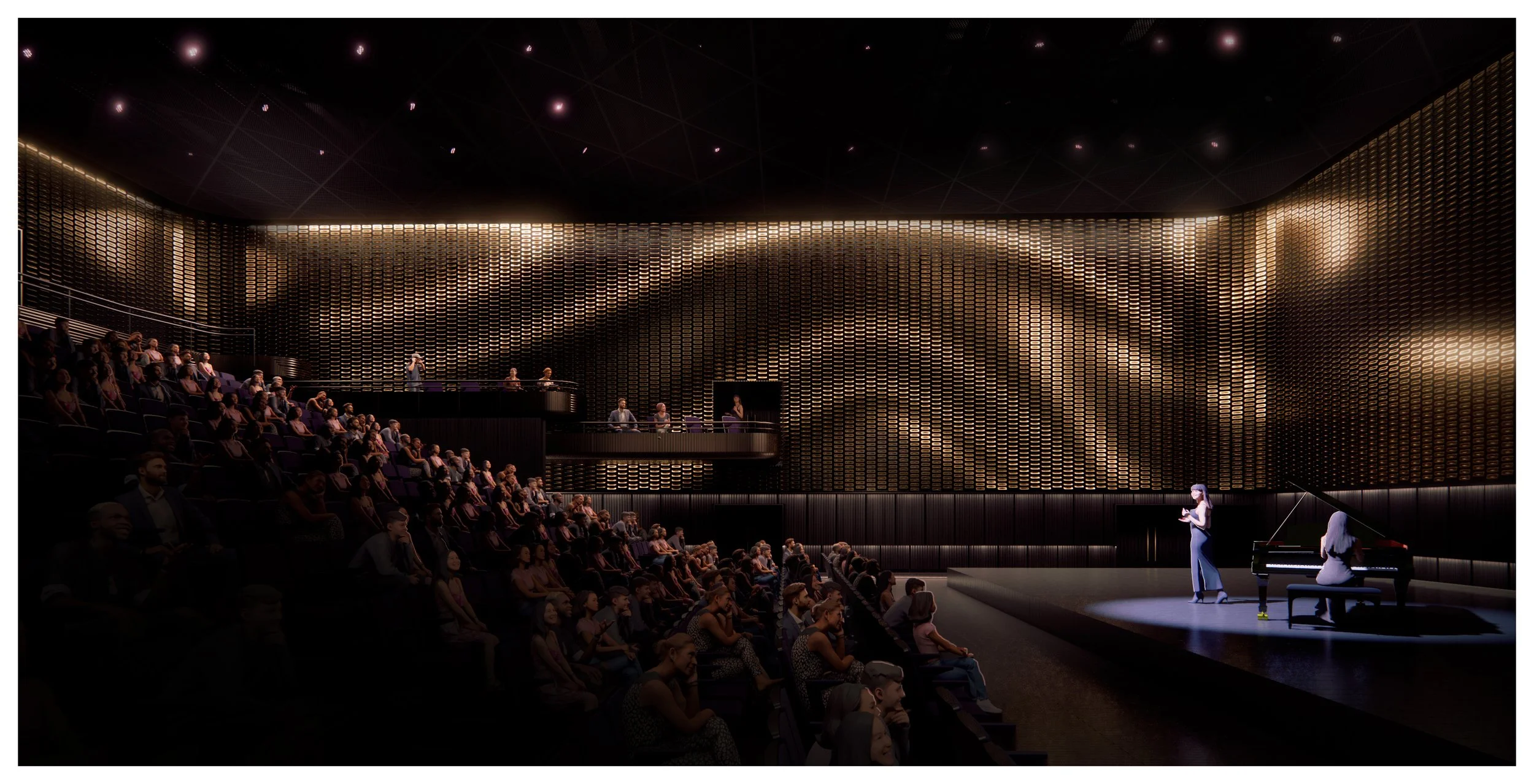 An audience watching a violinist and pianist perform on a stage in a modern concert hall with dark walls and gold accents.