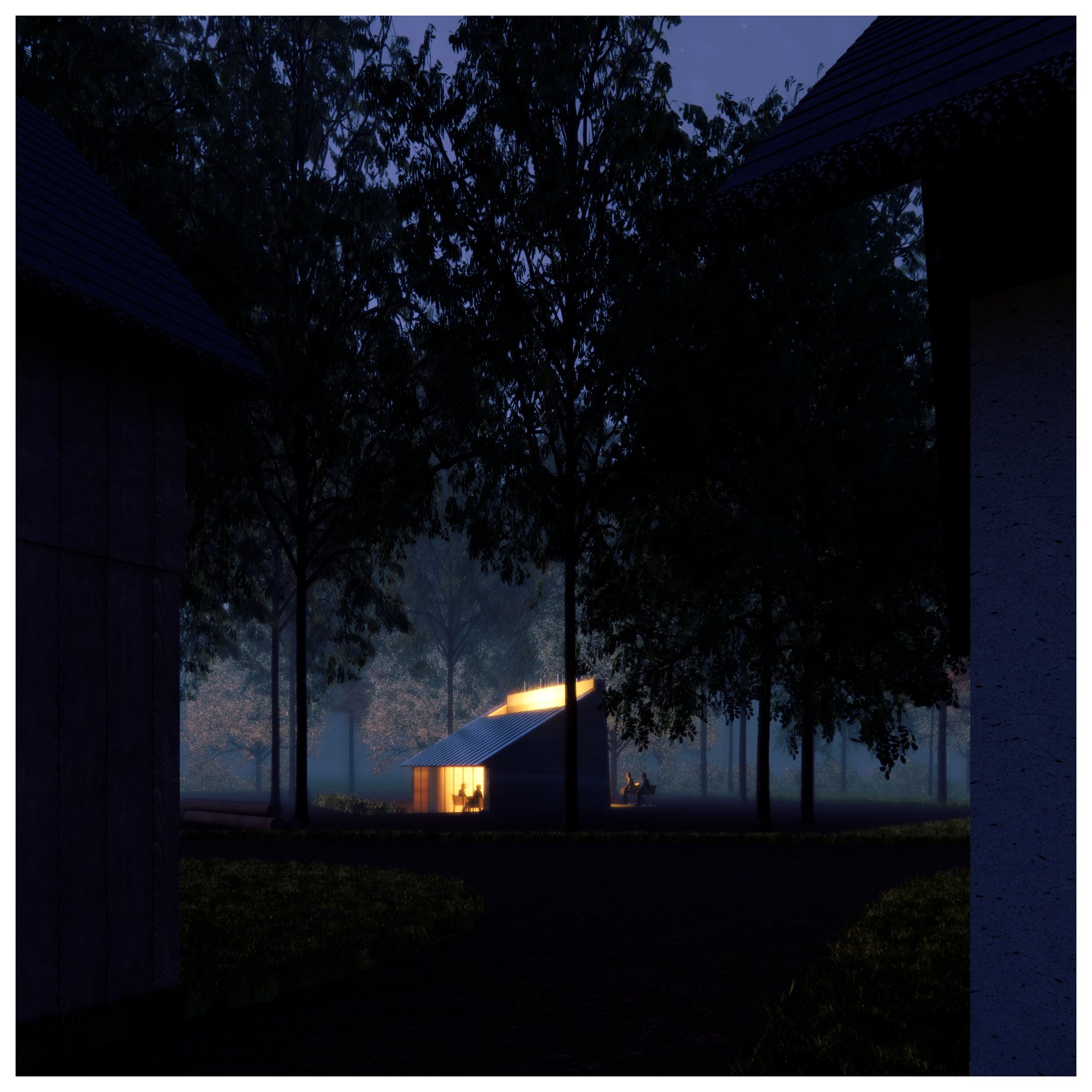 Nighttime scene of a small illuminated house in a wooded area with trees and people outside, viewed from between two larger structures.