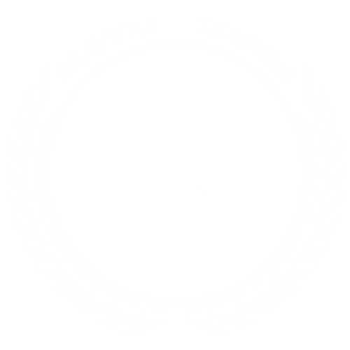 Logo for Gravitas K9 Training featuring a silhouette of a German Shepherd's head in a circular design with Greek key pattern and laurel leaves.