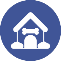 Icon of a doghouse with a bone inside, on a blue circular background.