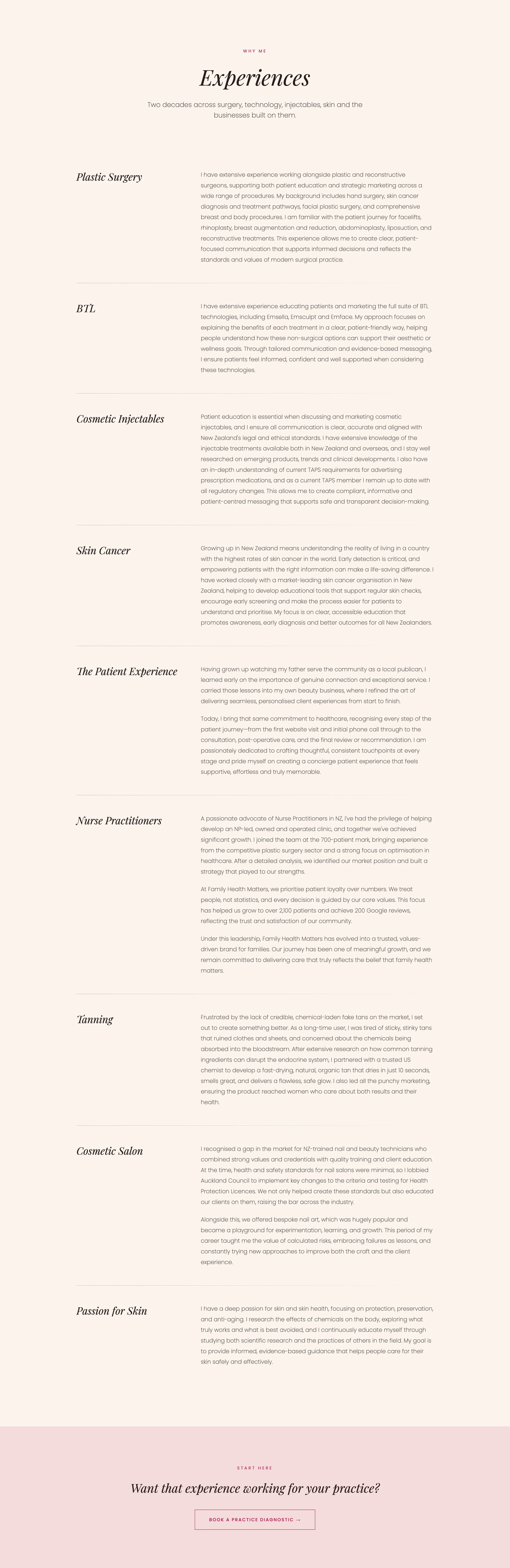A webpage detailing medical and aesthetic practices including plastic surgery, BTL treatments, cosmetic injectables, skin cancer awareness, patient care, nurse practitioners, tanning, cosmetic salon, and skin passion, with sections, headings, and a call-to-action for booking a practice diagnosis.