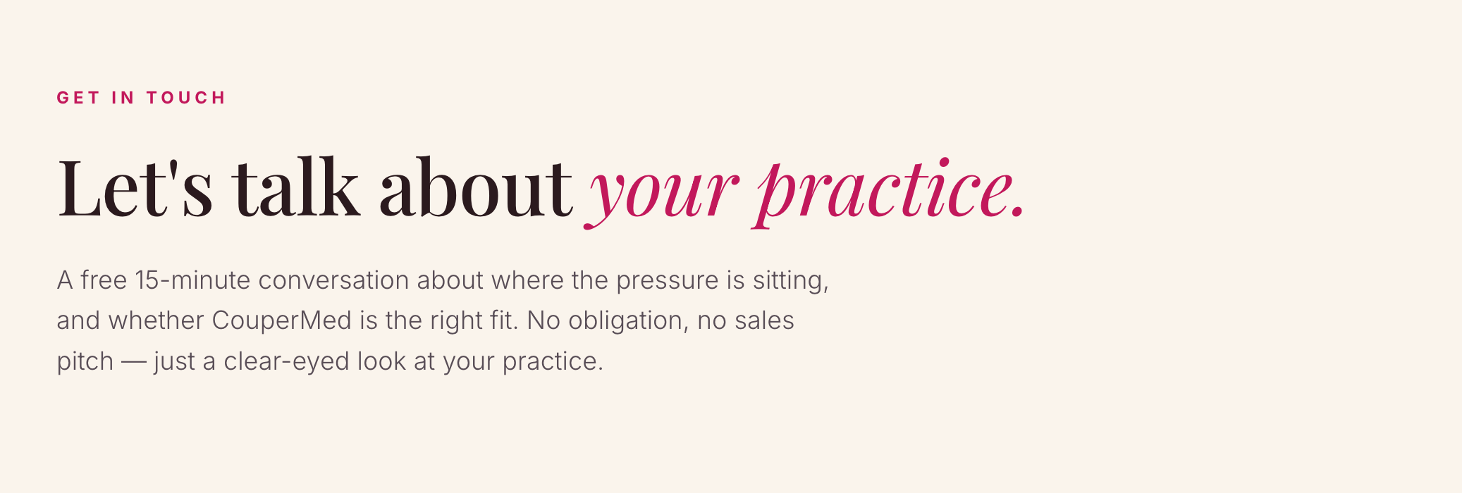 Text webpage with information about a free 15-minute consultation for practice assessment, titled "Let's talk about your practice."