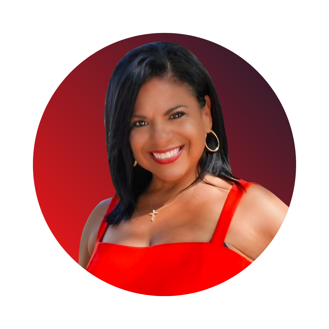 A smiling Mariela DeLuca with black hair, wearing a red dress, gold hoop earrings, and a necklace, posed against a vibrant gradient background.