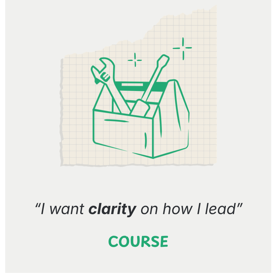 A line drawing of a toolbox filled with gardening tools, including a wrench, spatula, and other hand tools on graph paper. Text below says 'I want clarity on how I lead' and 'COURSE'.