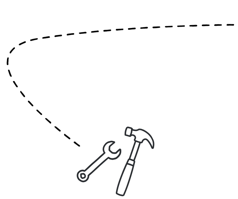 A wrench and hammer crossed over each other, placed below a lightbulb icon, all in black outline on a white background.