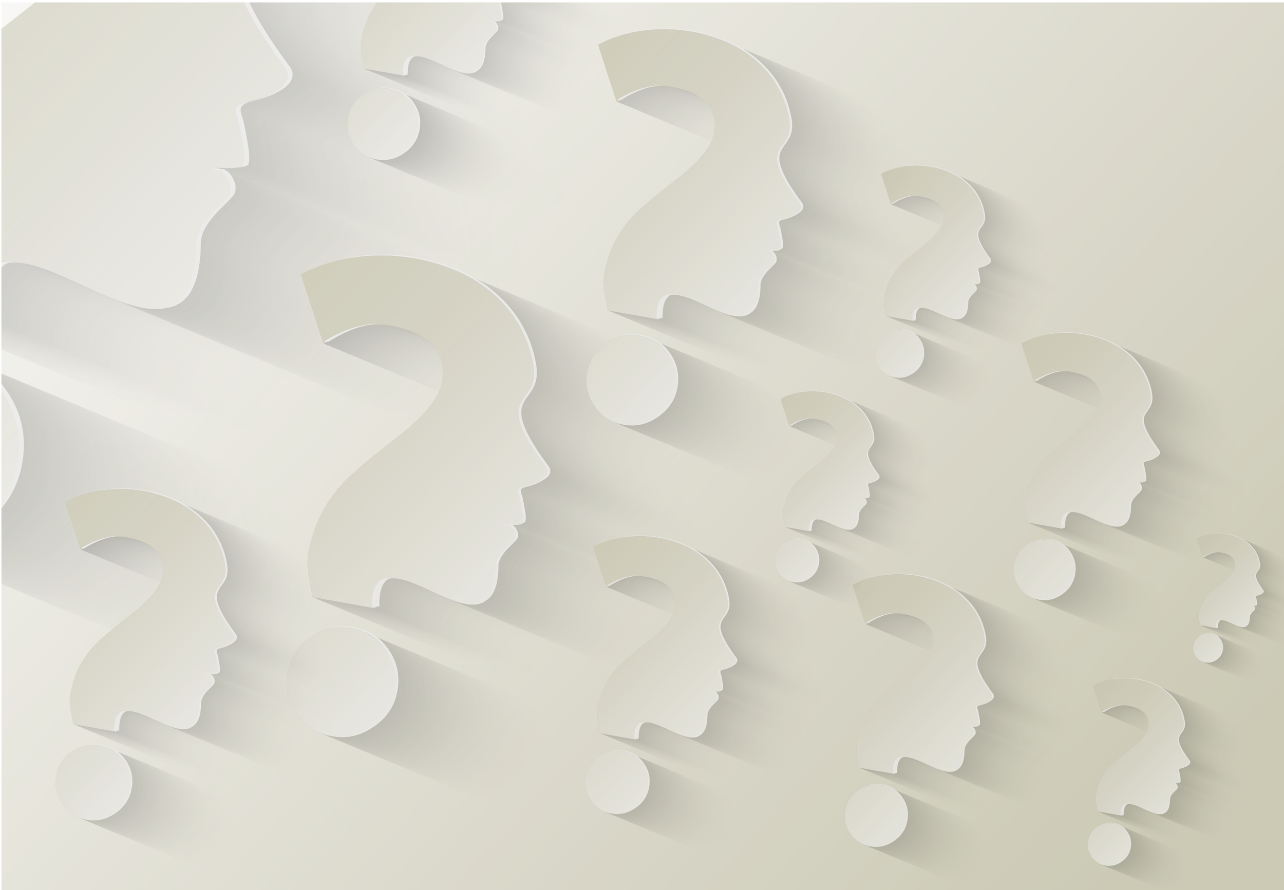 Multiple paper cutouts of human profiles and question marks arranged in a pattern with soft shadow effects.