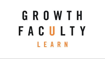 Text with the words 'GROWTH FACULTY LEARN' arranged vertically and horizontally, with 'FACULTY' and 'LEARN' in orange and the rest in black.