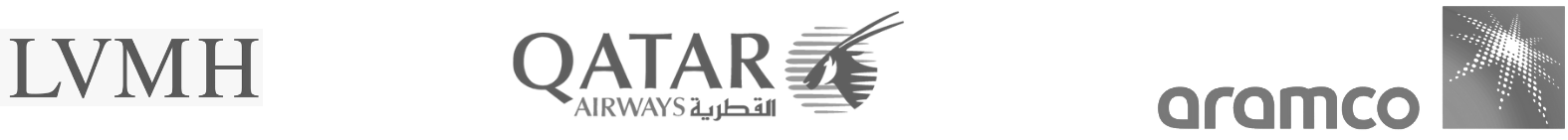 Logos of LVMH, Qatar Airways, Aramco, and a fourth company on a black background.