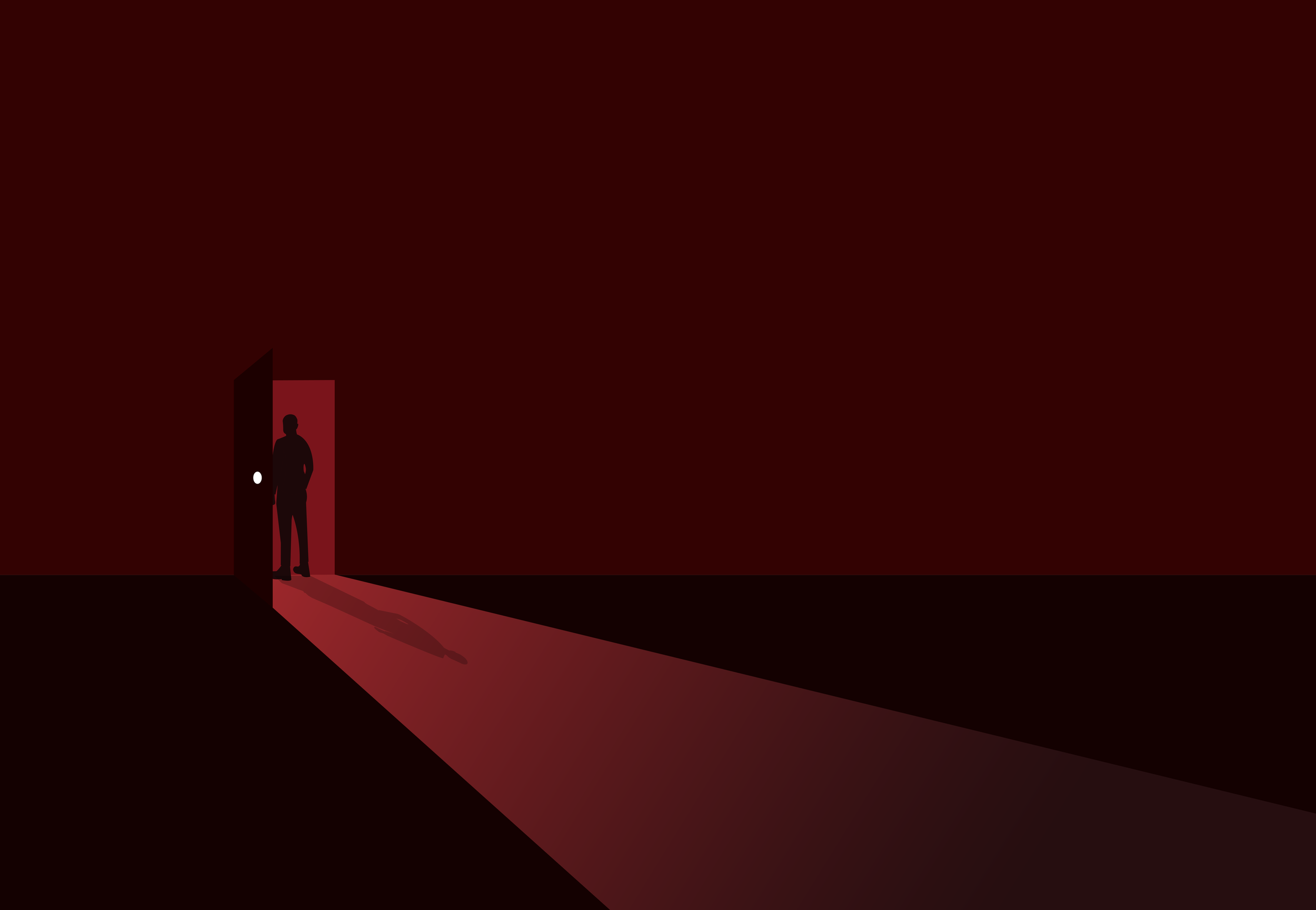 A silhouette of a person standing in a dark room with a doorway and a light shining on the floor.