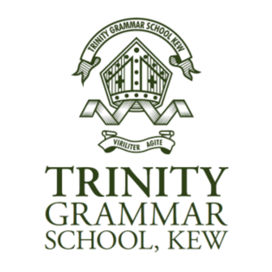 A logo for Trinity Grammar School, Kew, featuring a shield with a bridge design, surrounded by the school's name and motto.