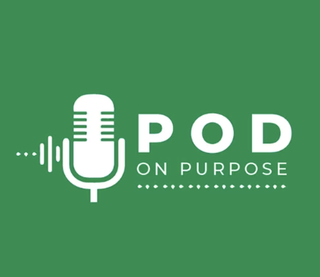 Logo for POD on Purpose podcast featuring a microphone icon and green background.