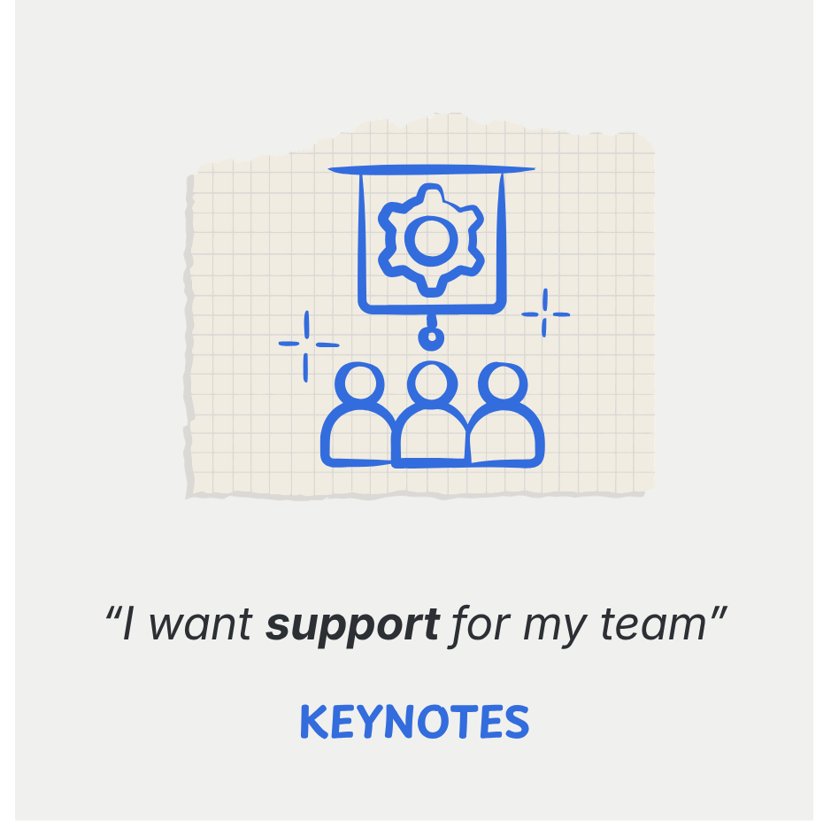 Three people sitting in front of a presentation screen with a gear icon, representing support or teamwork.