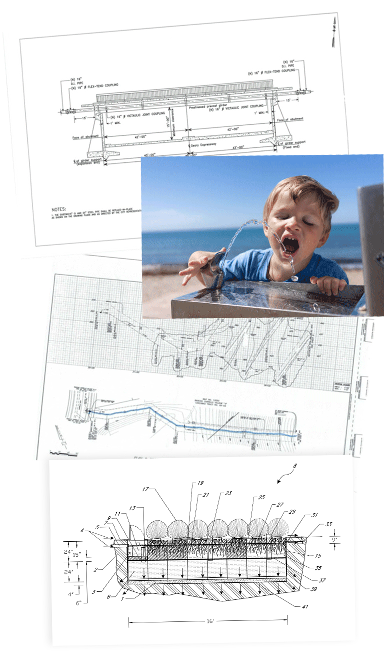 A collage of engineering blueprints and technical drawings of some of h2o project solutions projects and proprietary designs for wastewater solutions.