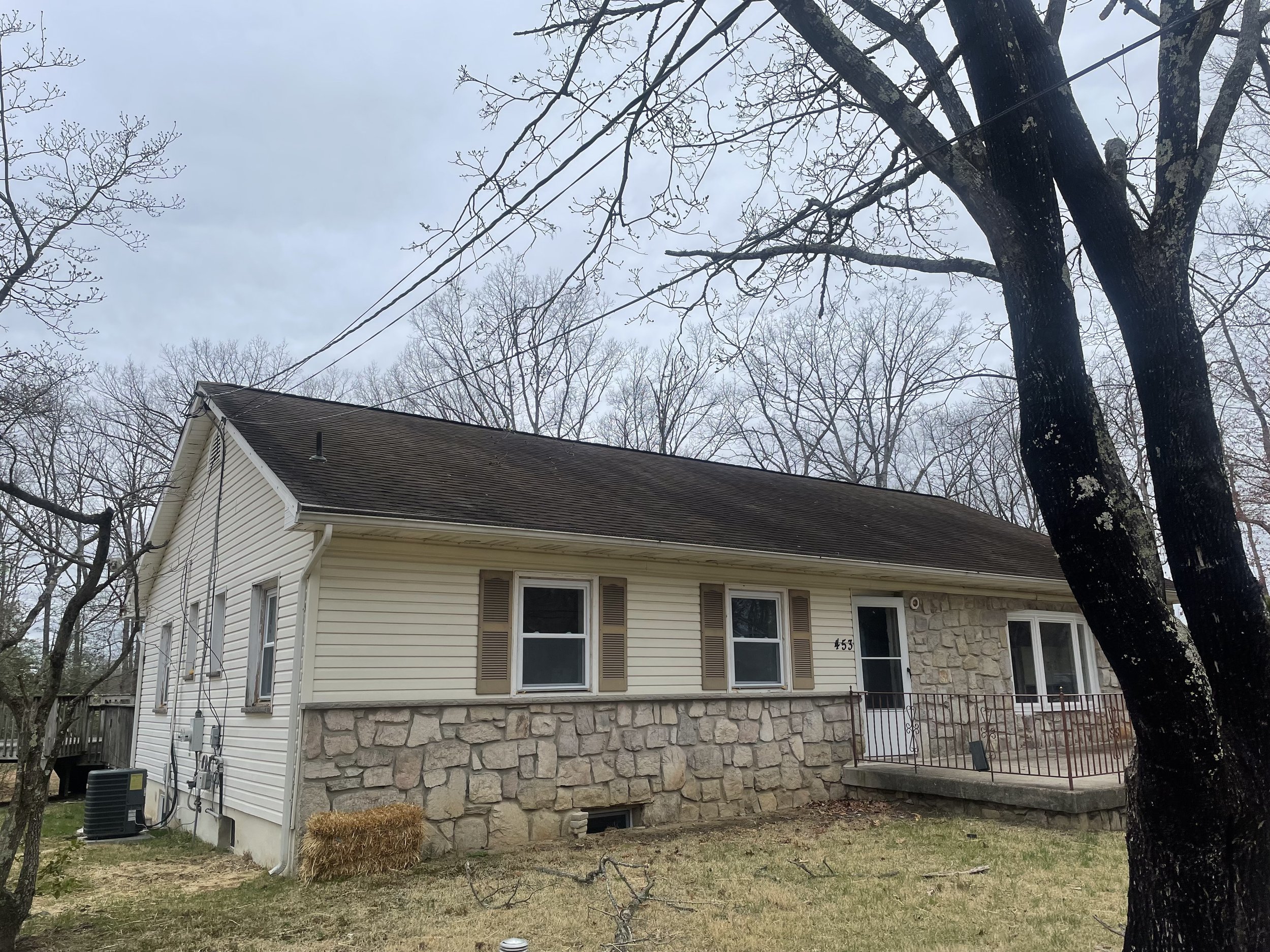 A single-story house with beige siding and stone facade, with a black roof, situated on a small grassy yard with a large tree and multiple leafless trees in the background.