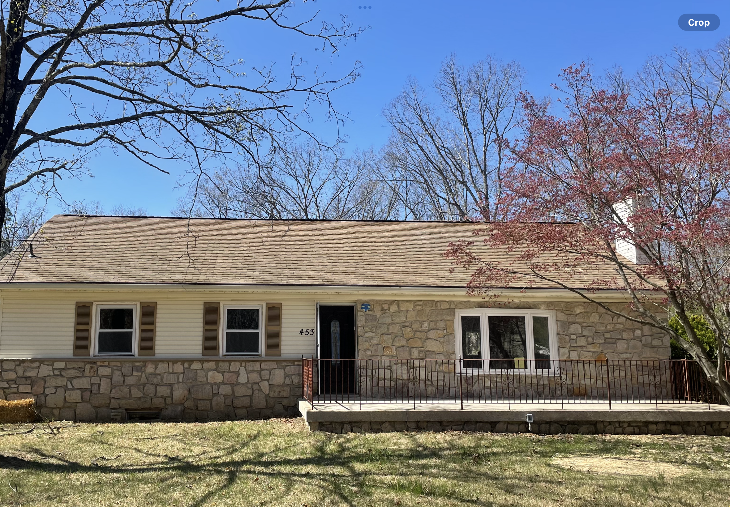 A house with a stone facade and beige siding, a red railing on the porch, and a leafless tree on the left and a flowering tree on the right in front of it, under a bright blue sky.
