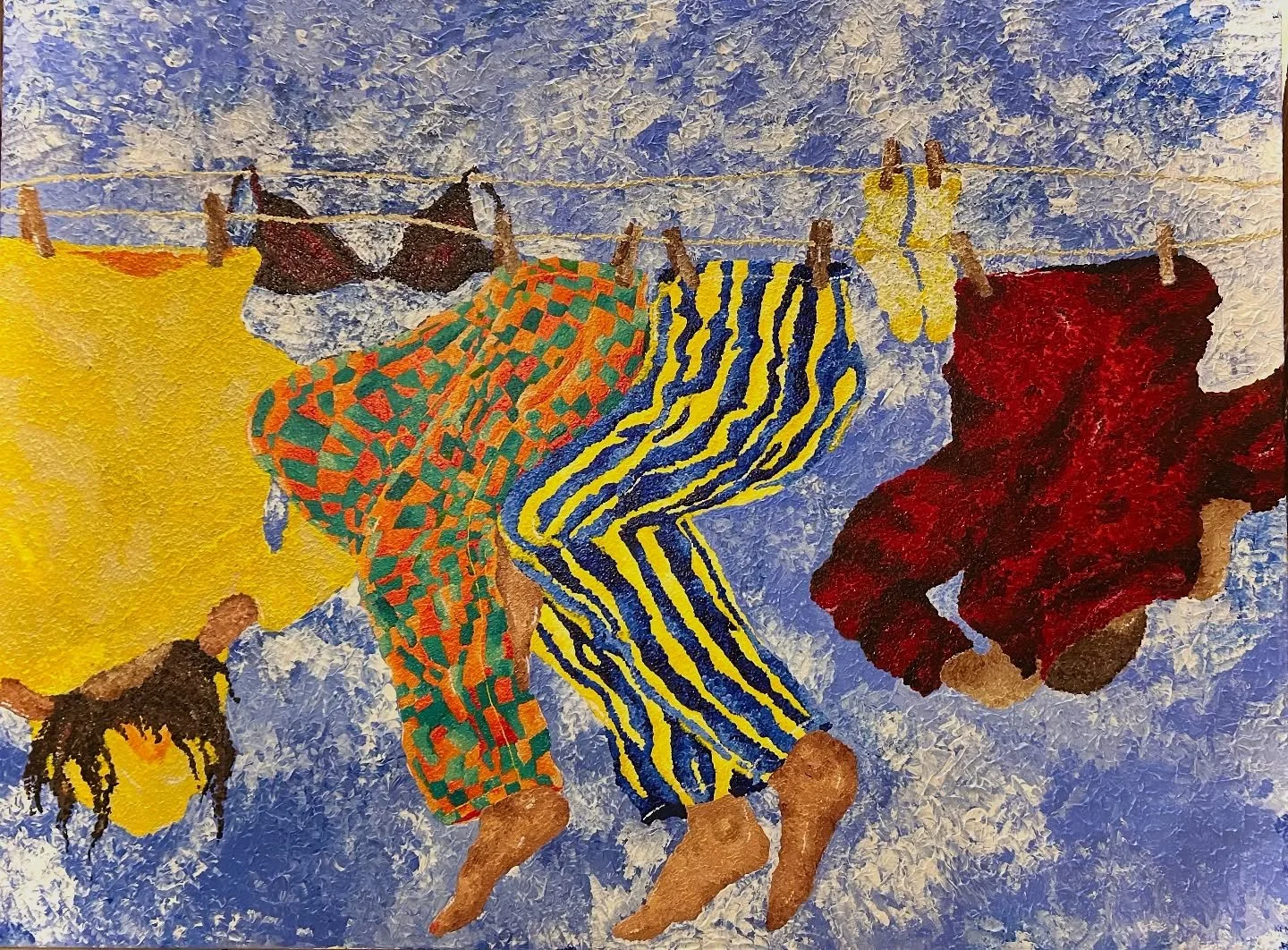 A little while back I created this 5x4 textured acrylic painting. 

This piece explores the quiet intimacy of everyday moments&mdash; a clothesline where garments carry the presence of those who once wore them. This piece is a tribute to the stories,