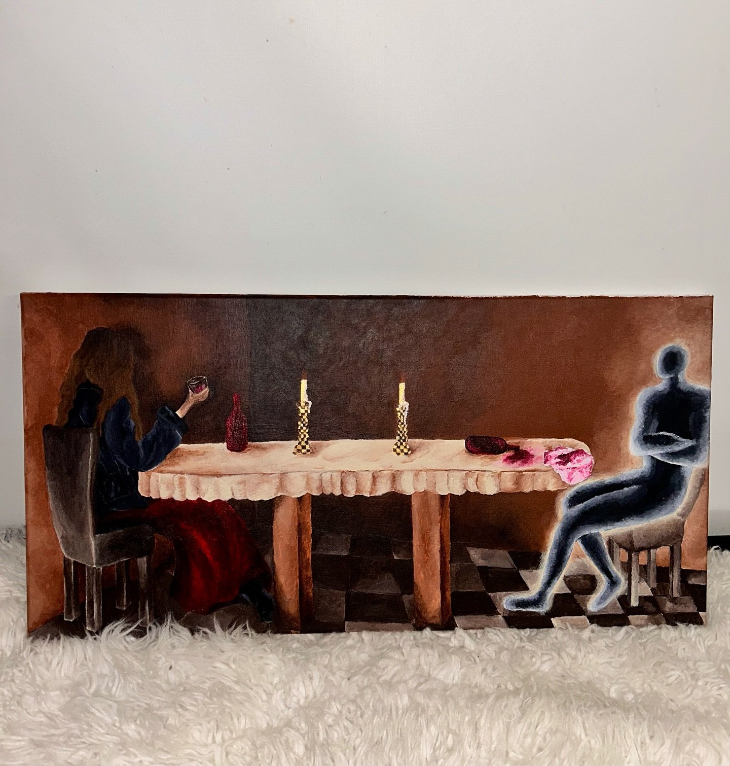 &lsquo;I&rsquo;m still at the restaurant sitting at the table you haunt&rsquo;

Acrylic on canvas